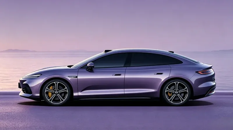 Perfil lateral fastback do Denza Z9S na cor Morning Glow Purple