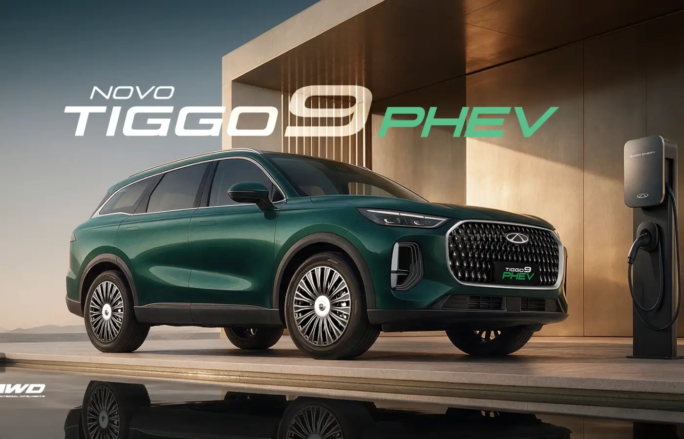 Tiggo 9 PHEV 2027 — Apresentação oficial frontal em três quartos com carregador
