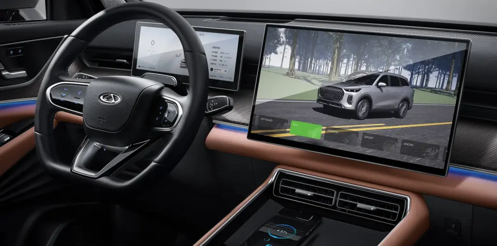 Tiggo 9 PHEV 2027 — Painel, multimídia e acabamento interno
