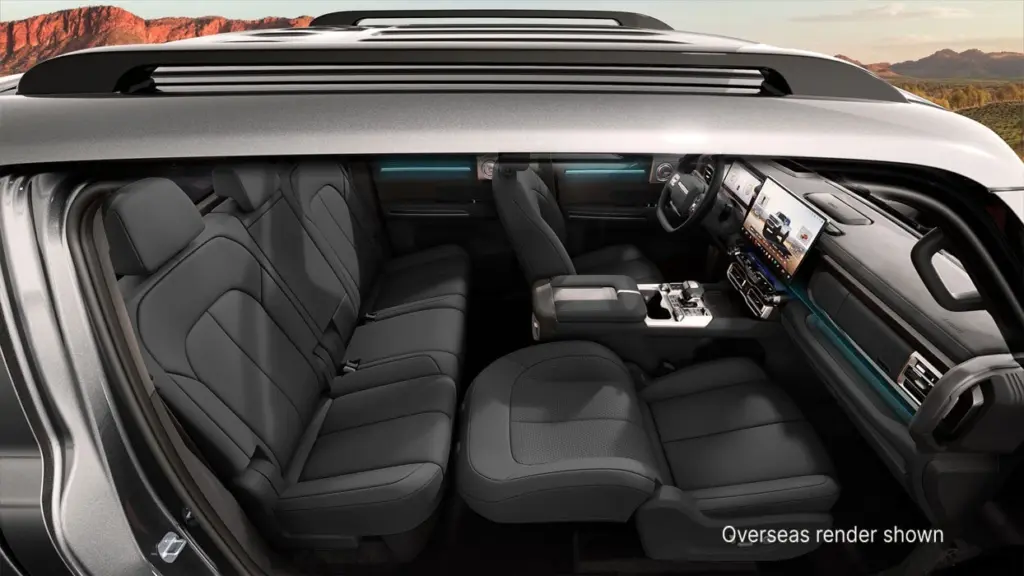 Interior da Chery Stockman em corte lateral, com bancos dianteiros, segunda fileira e console central
