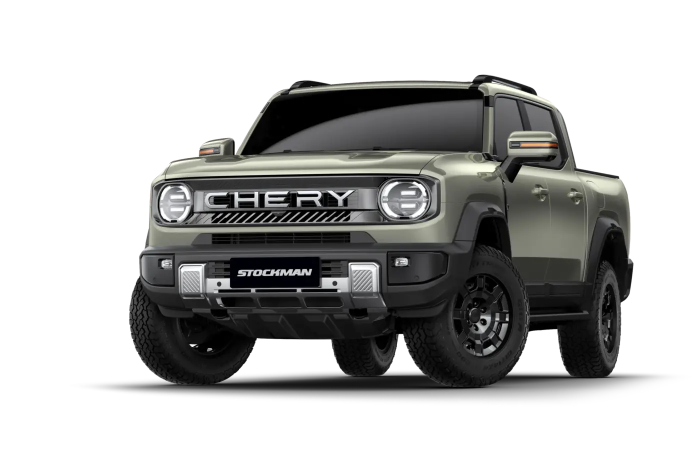 Chery Stockman verde, picape híbrida plug-in a diesel, vista de três quartos em render oficial