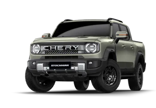 Chery Stockman verde, picape híbrida plug-in a diesel, vista de três quartos em render oficial