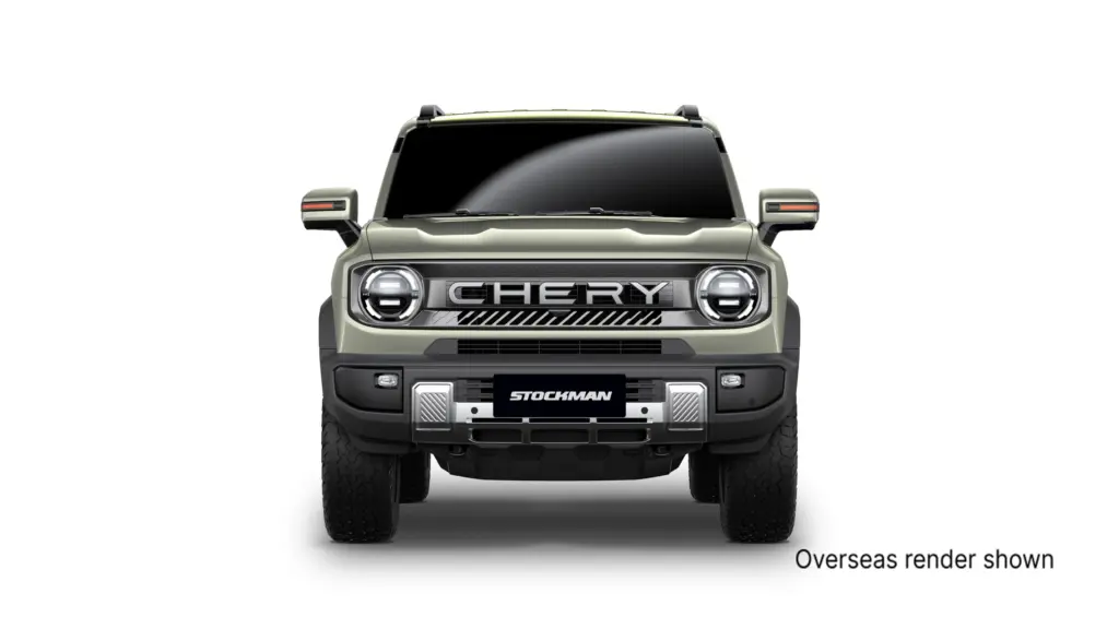 Frente da Chery Stockman verde com grade e faróis em imagem oficial