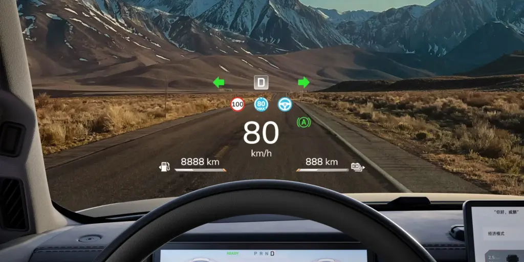 Head-up display da Chery Stockman com projeção ilustrativa de velocidade e orientações no para-brisa
