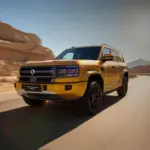Denza B5 dourado em estrada de terra